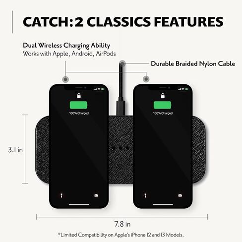 Courant Catch:2 Classics - Italian Leather Dual Wireless Charging Pad - Compatible with iPhone 11, X, SE, Galaxy S23, S22, S21, S20, Note, AirPods, AirPods Pro (Black) in Saudi Arabia