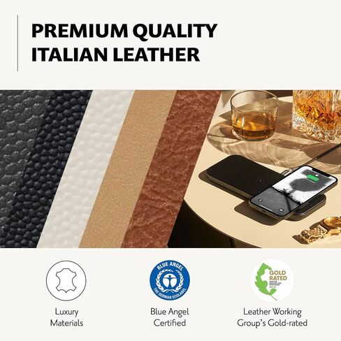 Courant Catch:2 Classics - Italian Leather Dual Wireless Charging Pad - Compatible with iPhone 11, X, SE, Galaxy S23, S22, S21, S20, Note, AirPods, AirPods Pro (Black) in Saudi Arabia