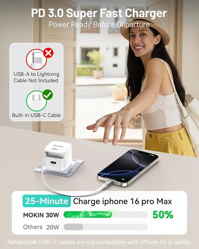 Fast Charger for iPhone 16 Pro Max, 30W GaN USB-C Charger Block, 2 Port w/Built-in Retractable C Cable & Foldable Plug, PD/PPS for iPhone 16 Series/Pixel 9 pro/Galaxy/iPad (USB C Cable) in Kuwait