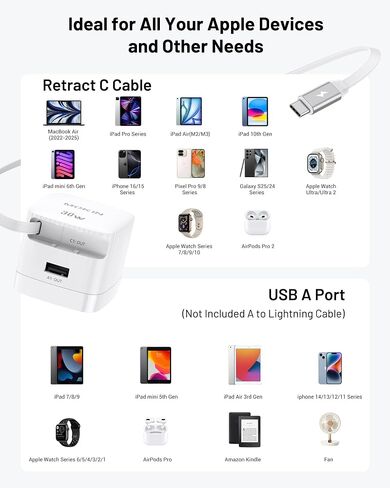 Fast Charger for iPhone 16 Pro Max, 30W GaN USB-C Charger Block, 2 Port w/Built-in Retractable C Cable & Foldable Plug, PD/PPS for iPhone 16 Series/Pixel 9 pro/Galaxy/iPad (USB C Cable) in Kuwait