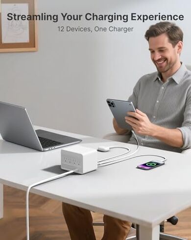 Gitryin 1 Micro USB, 1 Lightning, 2 Type-C Retractable Wall Chargers with 1 USB A Port and 1 Power Strip with App Remote Control, 12-in-1 Smart WiFi Modular Charging Station in Kuwait
