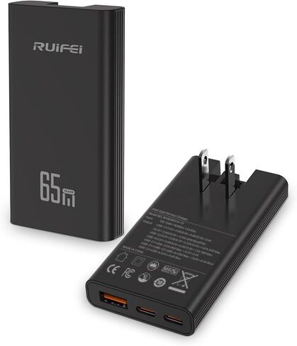 65W Flat USB C Wall Charger,3-Port Ultra-Slim GaN Fast Adapter,Black in Kuwait