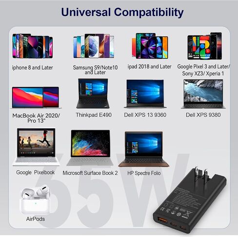 65W Flat USB C Wall Charger,3-Port Ultra-Slim GaN Fast Adapter,Black in Kuwait