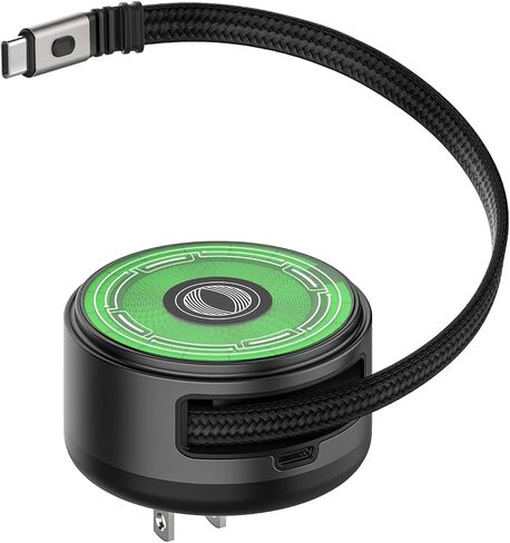 65W GaN USB C Charger with Retractable Cable, Qi2 Wireless Charger, Black in Kuwait