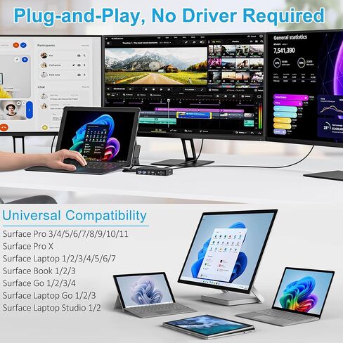 12-in-1 Surface Docking Station, 4K@60Hz Triple Display Surface Dock with HDMI, DP, USB-C, 4-Screen Support, 4 USB Ports, SD/TF, Audio for Surface Pro 11/10/9/8/7, Surface Laptop, Book, Go in Kuwait