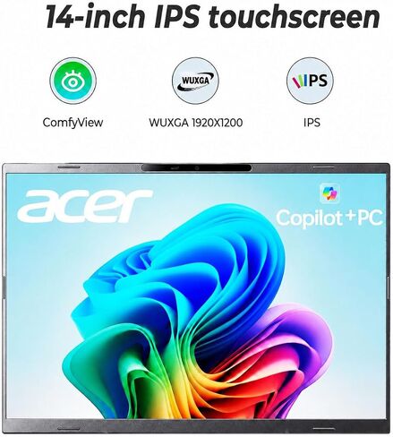 Acer Aspire 14 AI Copilot+ PC Laptop, Intel 8 Cores Ultra 5 CPU, 14" WUXGA Touchscreen, AI Boost NPU Up to 40 Tops, 16GB LPDDR5X RAM, 512GB SSD,Intel Arc Graphics, Backlit Keyboard, win11, AI Read in Kuwait