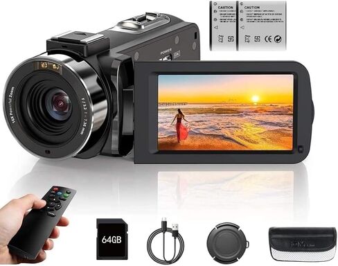 MiyoSavor4K Video Camera Camcorder 80MP 30FPS with IR Night Vision,18X Digital Zoom Camera Recorder 3.0 Inch 270 Degree Rotation Screen for YouTube with Remote Controller, 2 Batteries, 64GB SD Card in Kuwait