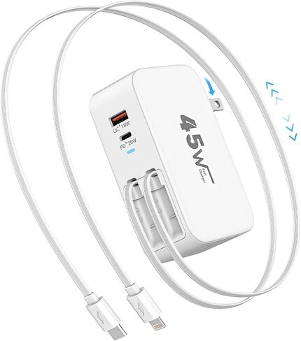 4-in-1 Retractable Wall Charger 45W Dual USB Ports with Lightning & Type-C Cables, Foldable Fast Charging Block, Travel Essentials Multiport Plug for iPhone 17Pro Max/16/15/14/13/12, iPad Pro, AirPods in Kuwait
