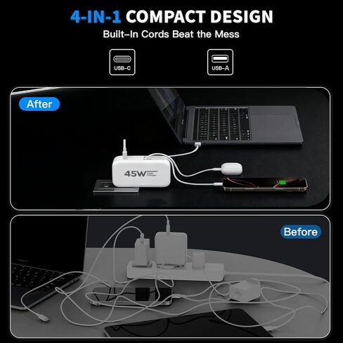 4-in-1 Retractable Wall Charger 45W Dual USB Ports with Lightning & Type-C Cables, Foldable Fast Charging Block, Travel Essentials Multiport Plug for iPhone 17Pro Max/16/15/14/13/12, iPad Pro, AirPods in Kuwait