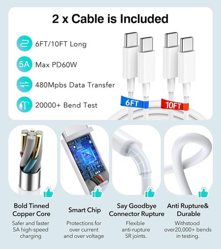 40W USB C Fast Charger Block, 4-Port PD+QC Multiport Wall Charger Cube with 6FT & 10FT USB C Cable, Type C Power Adapter for iPhone 17/16/15/14/13 Pro Max, Samsung S26/S25/S24 Ultra,Tablets in Kuwait