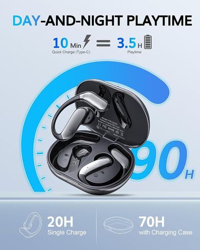 Upgraded Ultra Open Ear Earbuds with Hooks & Noise Cancelling Mic Clear Calls Ear Buds Wireless Bluetooth 6.1 Bone Conduction Headphones 90H Playtime Over the Ear Earbuds for Running Workout Cycling in Kuwait