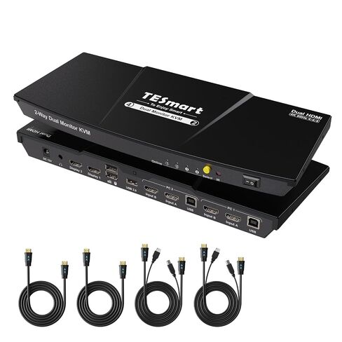 TESmart HDMI KVM Switch 2 Monitors 2 Computers 4K@60Hz, USB 2.0, Dual Monitor KVM Switch HDMI 2 Port Extended Display, EDID emulators, L/R Audio, Hotkey Switch, Button Switch with Input Cables in Kuwait
