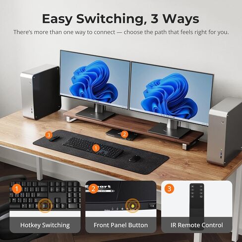 TESmart HDMI KVM Switch 2 Monitors 2 Computers 4K@60Hz, USB 2.0, Dual Monitor KVM Switch HDMI 2 Port Extended Display, EDID emulators, L/R Audio, Hotkey Switch, Button Switch with Input Cables in Kuwait