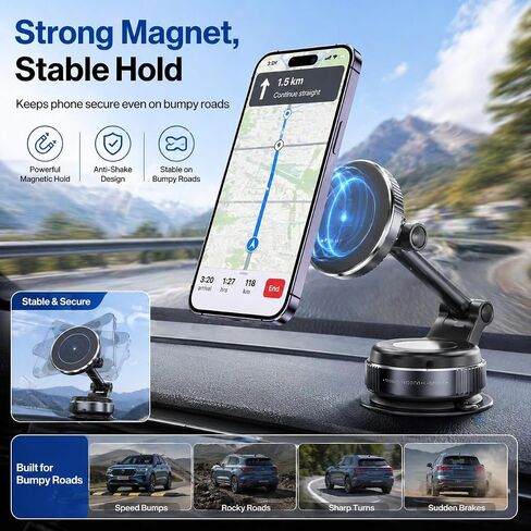 Magnetic Vacuum Suction Cup Car Phone Holder 360° Degree Rotatable Foldable Lightweight One-Hand Operation Dashboard Windshield Air Vent Mount for iPhone Samsung Android Smartphones Black in Kuwait