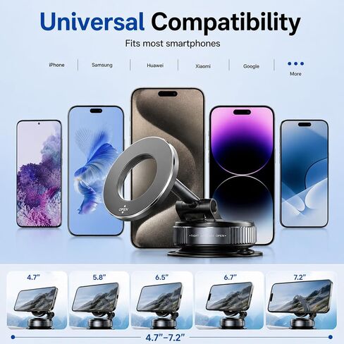 Magnetic Vacuum Suction Cup Car Phone Holder 360° Degree Rotatable Foldable Lightweight One-Hand Operation Dashboard Windshield Air Vent Mount for iPhone Samsung Android Smartphones Black in Kuwait