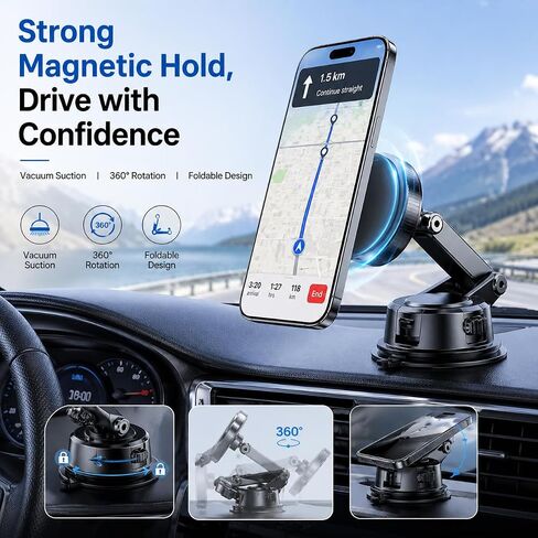 Magnetic Vacuum Suction Cup Car Phone Holder 360° Degree Rotatable Foldable Lightweight One-Hand Operation Dashboard Windshield Air Vent Mount for iPhone Samsung Android Smartphones Black in Kuwait