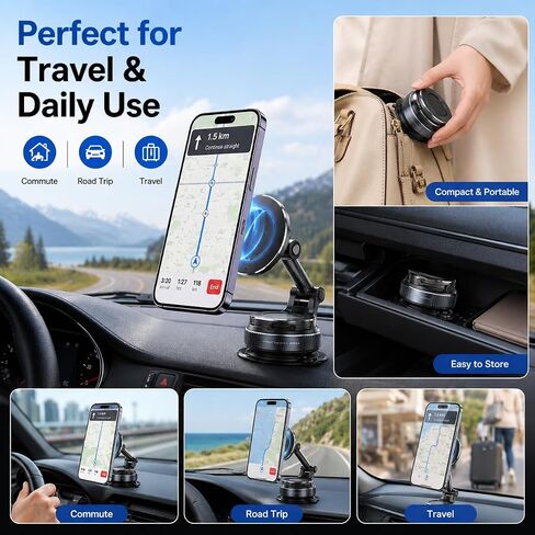 Magnetic Vacuum Suction Cup Car Phone Holder 360° Degree Rotatable Foldable Lightweight One-Hand Operation Dashboard Windshield Air Vent Mount for iPhone Samsung Android Smartphones Black in Kuwait
