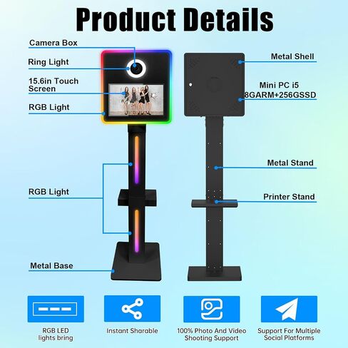 Mirror Photo Booth Built in Mini Pc, DSLR Photo Booth with 15.6" Touch Screen, Flight Case, App Control – Perfect for Weddings, Parties and Event Rentals (Black) in Kuwait