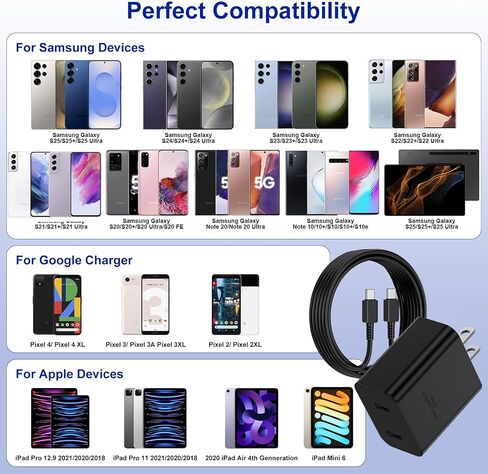 6ft/10ft منفذ مزدوج 45W iPhone 17 16 15 شاحن كتلة شحن سريع وكابل USB C طويل إلى النوع C سلك شاحن لـ Apple iPhone 17 Pro Max/17 Air/16 Pro/16/15 Pro/15 Plus/Mini/iPad Plug Cube/Samsung in Kuwait