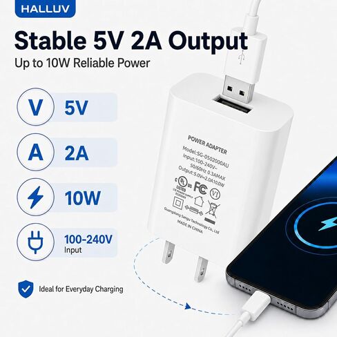 USB Wall Charger 5V 2A Power Adapter, 10W USB Charger Block Compatible with iPhone 17/16/15/14/13/12/11, Samsung Galaxy, iPad, Kindle and Android Devices, UL Listed in Kuwait
