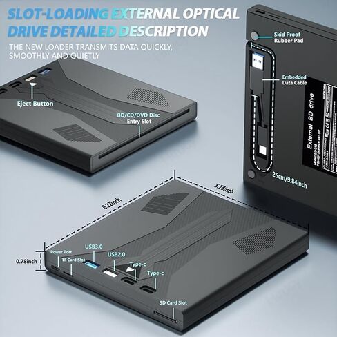 External USB 3.0 & Type-c Blu Ray Drive, 3D Optical Bluray Player for Pc Laptop Desktop, Supports 100g Disc, DVD/cd/bd Burner in Kuwait