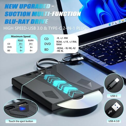 External USB 3.0 & Type-c Blu Ray Drive, 3D Optical Bluray Player for Pc Laptop Desktop, Supports 100g Disc, DVD/cd/bd Burner in Kuwait