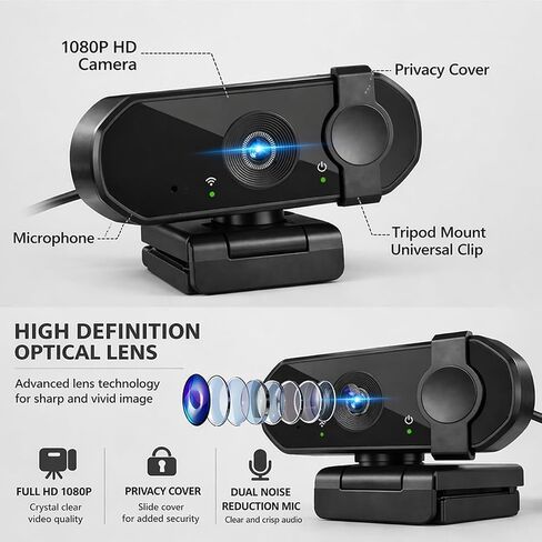 Webcam for PC, 1080P Streaming Camera, Web Camera for Desktop/Laptop Computer Webcam with Microphone, Plug and Play USB Web Cam, for Live Streaming, Video Calls in Kuwait