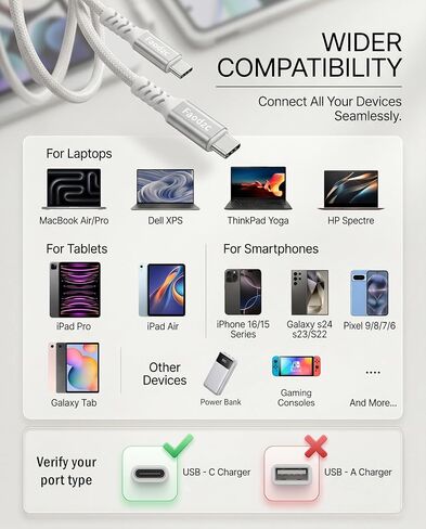 240W USB C to USB C Cable 6FT 2-Pack, Braided Type C Fast Charging Cord, Compatible with iPhone 16/15 Pro Max, MacBook Pro, Samsung S24/S25 in Kuwait