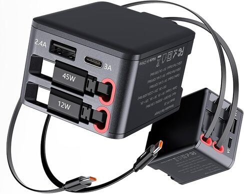 84W Retractable Wall Charger with Dual USB C Cables, 4-in-1 USB C Charger Block GaN PD 45W Fast Charging Station for iPhone 16/15, iPad, Samsung Galaxy, 4 Port Foldable Plug Adapter Block Travel in Kuwait