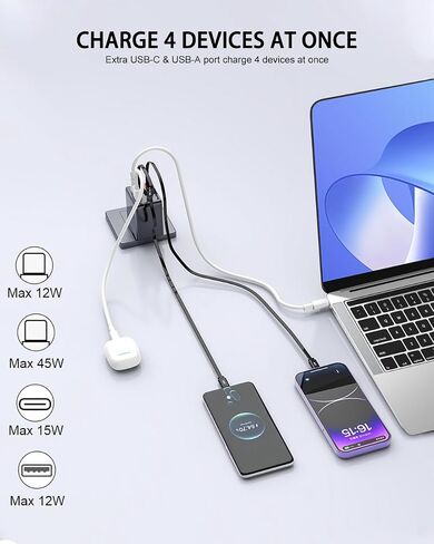 84W Retractable Wall Charger with Dual USB C Cables, 4-in-1 USB C Charger Block GaN PD 45W Fast Charging Station for iPhone 16/15, iPad, Samsung Galaxy, 4 Port Foldable Plug Adapter Block Travel in Kuwait