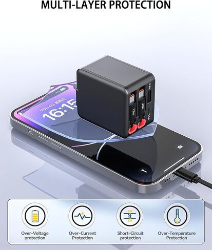 84W Retractable Wall Charger with Dual USB C Cables, 4-in-1 USB C Charger Block GaN PD 45W Fast Charging Station for iPhone 16/15, iPad, Samsung Galaxy, 4 Port Foldable Plug Adapter Block Travel in Kuwait