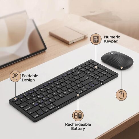 Dpofirs Wireless Keyboard and Mouse Set, Foldable Bluetooth Keyboard with Number Pad for Phone Tablet, Rechargeable Dual Device for Office Travel in Kuwait