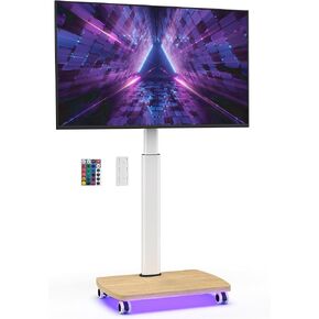 AOKCOS Rolling TV Stand with LED Lights for 43-75 Inch TV, 8-Height Adjustable Mobile TV Stand with 12° Tilt, Wooden Base Floor TV Mounts, Max Load 110lbs, VESA 100x100mm to 600x400mm, White in Saudi Arabia