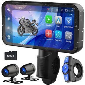 6.25" Motorcycle Carplay with HD Waterproof Touchscreen, Android Auto, TPMS, GPS Navigation System, Dash Cam, Remote Control, Loop Recording, Support Siri, Bluetooth, Inclued 128G SD Card in Kuwait