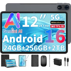 12 inch Tablet with Keyboard - 2026 Gemini AI Android 16 Tablet, Black Case in Kuwait