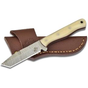Knives Ranch Handmade 7 inch EDC Tanto Knife - Full Tang Damascus Steel Blade - Compact Everyday Ranch Utility Knife - Bone Handle - Genuine Leather Sheath - Horizontal Belt Carry (Snug Fit) in Kuwait