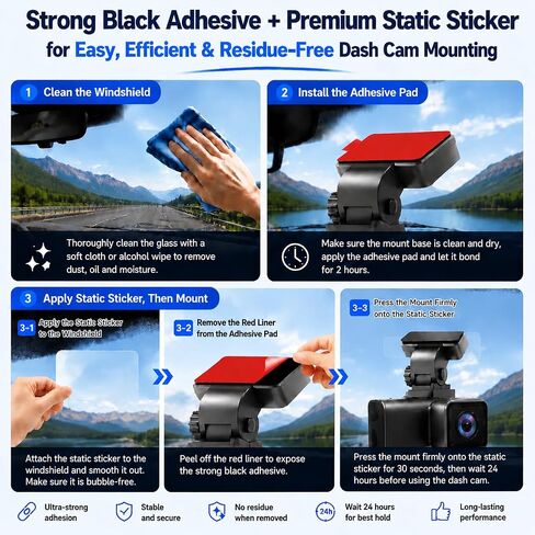 4-Pack Heavy-Duty Black High-Bond Adhesive Pads & 4 Premium Electrostatic Films, Compatible with REDTIGER Dash Cam Mounts, Heat-Resistant, Residue-Free, Secure Windshield Bond (1.61" × 1") in Kuwait
