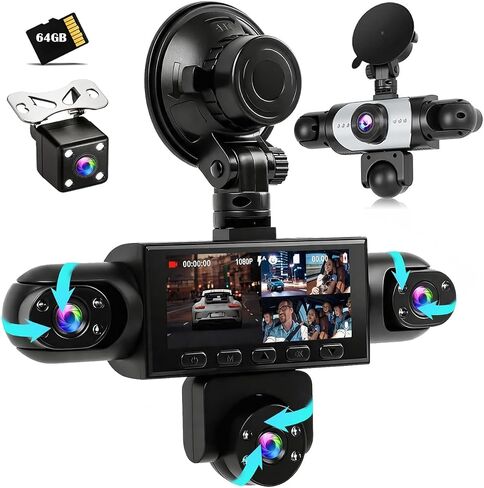 5 Channel Dash Cam Mirror, 360° Car Camera Front Rear Inside 1080P, HDR Night Vision, 24H Parking Mode, Loop Recording, Reverse Assist in Kuwait