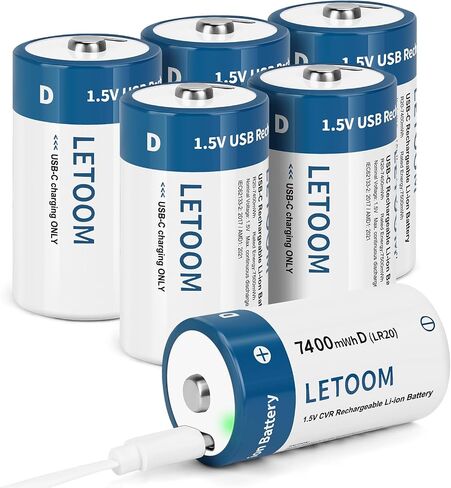 D Batteries Rechargeable with 4 in 1 USB C Charging Cable D Size Cell Lithium Batteries 1.5V for Flashlights, Toys, and Floodlights (6 Pack, D Battery) in Kuwait