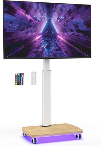 AOKCOS Rolling TV Stand with LED Lights for 43-75 Inch TV, 8-Height Adjustable Mobile TV Stand with 12° Tilt, Wooden Base Floor TV Mounts, Max Load 110lbs, VESA 100x100mm to 600x400mm, White in Saudi Arabia