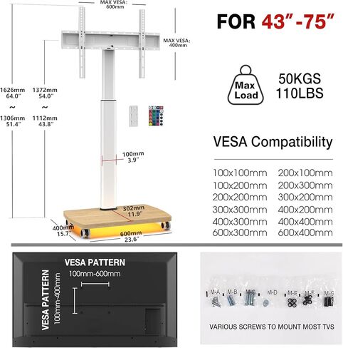 AOKCOS Rolling TV Stand with LED Lights for 43-75 Inch TV, 8-Height Adjustable Mobile TV Stand with 12° Tilt, Wooden Base Floor TV Mounts, Max Load 110lbs, VESA 100x100mm to 600x400mm, White in Saudi Arabia