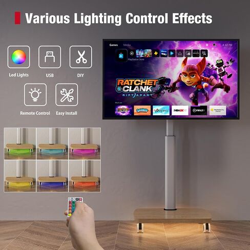 AOKCOS Rolling TV Stand with LED Lights for 43-75 Inch TV, 8-Height Adjustable Mobile TV Stand with 12° Tilt, Wooden Base Floor TV Mounts, Max Load 110lbs, VESA 100x100mm to 600x400mm, White in Saudi Arabia