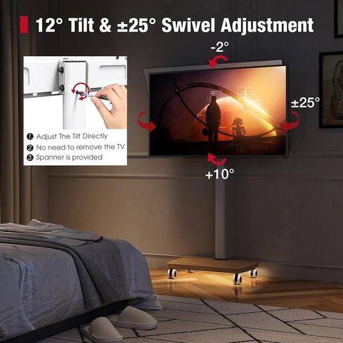 AOKCOS Rolling TV Stand with LED Lights for 43-75 Inch TV, 8-Height Adjustable Mobile TV Stand with 12° Tilt, Wooden Base Floor TV Mounts, Max Load 110lbs, VESA 100x100mm to 600x400mm, White in Saudi Arabia