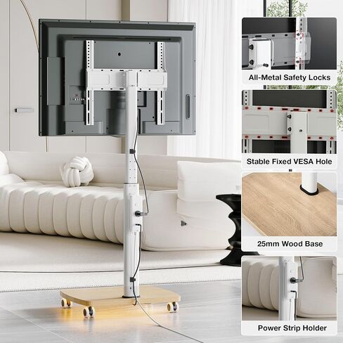 AOKCOS Rolling TV Stand with LED Lights for 43-75 Inch TV, 8-Height Adjustable Mobile TV Stand with 12° Tilt, Wooden Base Floor TV Mounts, Max Load 110lbs, VESA 100x100mm to 600x400mm, White in Saudi Arabia