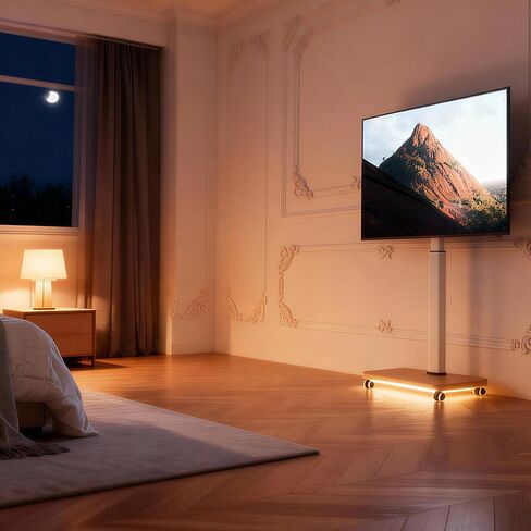 AOKCOS Rolling TV Stand with LED Lights for 43-75 Inch TV, 8-Height Adjustable Mobile TV Stand with 12° Tilt, Wooden Base Floor TV Mounts, Max Load 110lbs, VESA 100x100mm to 600x400mm, White in Saudi Arabia