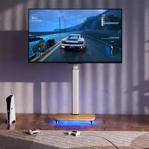 AOKCOS Rolling TV Stand with LED Lights for 43-75 Inch TV, 8-Height Adjustable Mobile TV Stand with 12° Tilt, Wooden Base Floor TV Mounts, Max Load 110lbs, VESA 100x100mm to 600x400mm, White in Saudi Arabia