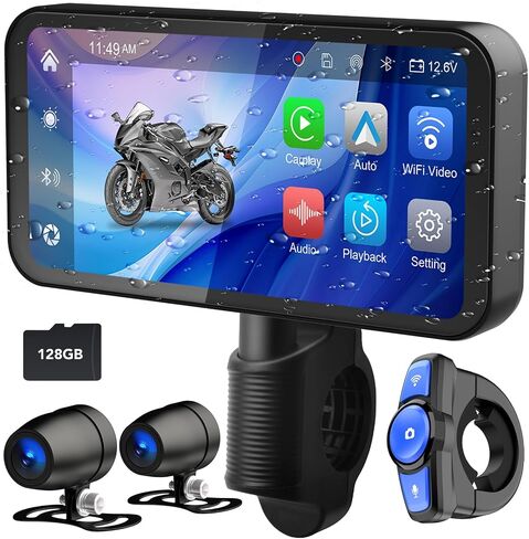 6.25" Motorcycle Carplay with HD Waterproof Touchscreen, Android Auto, TPMS, GPS Navigation System, Dash Cam, Remote Control, Loop Recording, Support Siri, Bluetooth, Inclued 128G SD Card in Kuwait