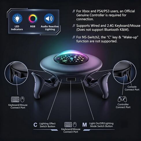 Keyboard and Mouse Adapter Converter for Nintendo Switch, Xbox Series X|S, Xbox One, PS4, PS3, with RGB Lighting, Plug & Play, Custom Key Remapping, Mouse Sensitivity, Aim Speed, Dead Zone Adjustment in Kuwait