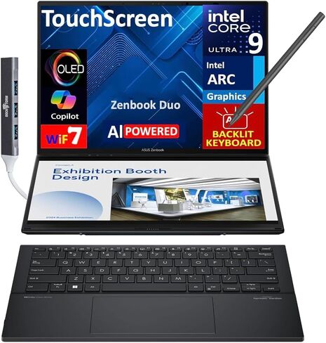 ASUS Zenbook Duo ux8406 AI Powered 2-in-1 Laptop 14.0" Touchscreen OLED 3K 120Hz Display (Intel Ultra 9-285H, 32GB LPDDR5X, 2TB PCIe SSD, Active Pen, Backlit KB, Win 11 Home) w/DKZ USB Port Expander in Kuwait