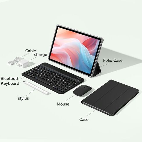 Tablet 11 inch Android 15 Tablets | Octa-core | 12GB RAM+128GB ROM | 8000mAh Tablet with Keyboard | Mouse | Case | Dual Band WiFi | BT 5.0 | GPS | 13 MP Dual Camera (Blue with Keyboard) (Black) in Kuwait